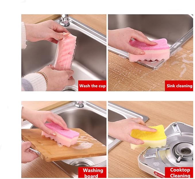 Yellow Pink Colors Multi-Functional Sponges Non-Scratch Scrub Sponges Household Kitchen Cleaning Sponges Durable Scouring Pads,Pack of 4