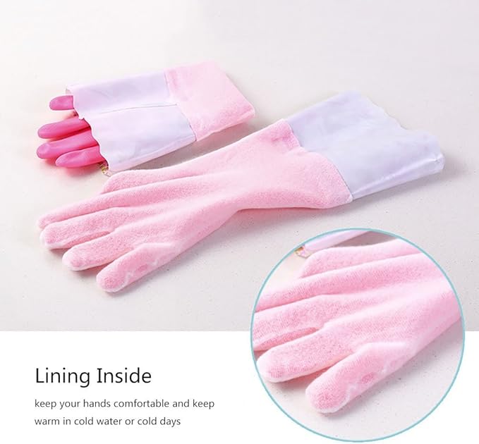 2 PAIRS Household Gloves Latex Free Cleaning Gloves with Soft Lining Long Cuff 15" & Grip, Medum, Pink/Blue
