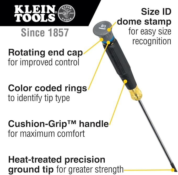 Klein Tools 6243 Mini Precision Screwdriver, 3/32-Inch Slotted, Features Cushion-Grip Handle, Rotating Cap, Color Coded Ring, 3-Inch Shank