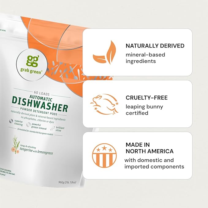 Grab Green Automatic Dishwashing Detergent Pods, 24 Count, Thyme Fig Leaf Scent, Plant and Mineral Based, Superior Cleaning, Powerful Grease Removal, Brilliant Shine