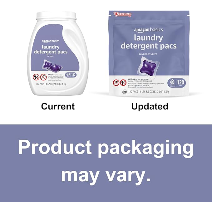 Amazon Basics Laundry Detergent Pods, 120 Pacs for 120 Medium Loads, Lavender Scent, (Previously Solimo) (Pack of 2)
