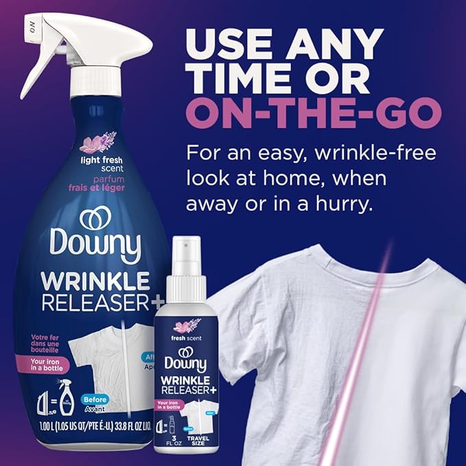Downy Wrinkle Releaser Spray,All In One Wrinkle Release Spray,Odor Eliminator,Static Remover,Fabric Refresher & Ironing Aid for Clothes,33.8 Fl Oz,Light Fresh Scent,(Pack of 4)
