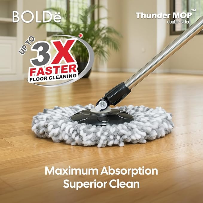 Thunder Mop Spin System - Double-Sided - 2 Compact Stackable 6L Buckets, Microfiber Head, Stainless Steel Wringer, Antifungal Quick-Dry Cleaning, Soap Dispenser, 3 Free Refills (Black/Grey)