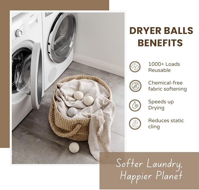 Laundry Wool Dryer Balls | Natural Fabric Softener – Reusable, Eco-Friendly, Reduces Drying Time – Wool Balls Replaces Dryer Sheets - 6 XL Pack - Laundry Balls for Dryer (6 Count (Pack of 1))