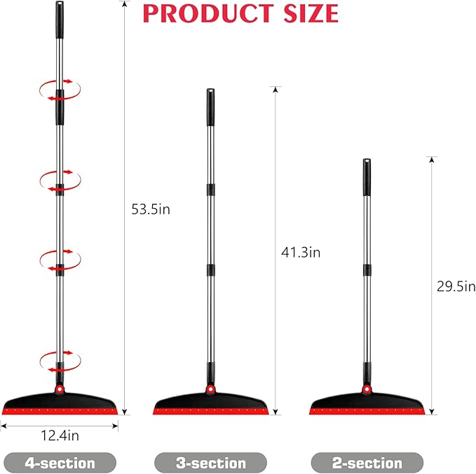 Multifunction Silicone Broom, 54 Inch Long Handle Silicone Floor Squeegee Broom, Sweep and Scrape 2 in 1 Household Cleaning Broom for Floor, Bathrooms, Kitchens, Showers, Tile, Pet Hair,Black Red