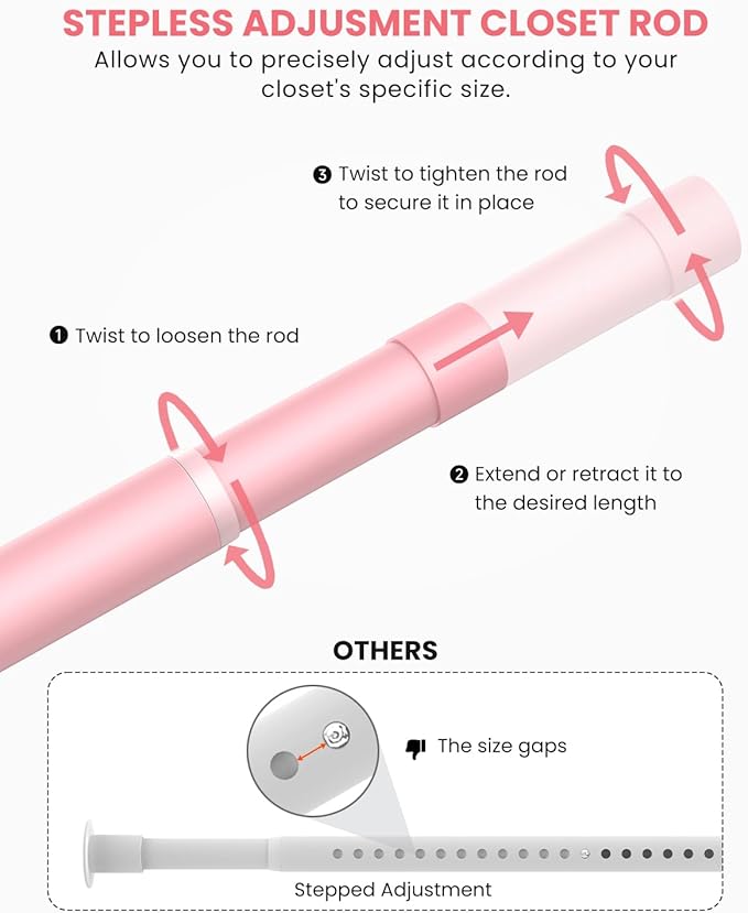 Supforce Closet Rods for Hanging Clothes, 17 to 99 Inches Stepless Adjustable Metal Closet Rod, 1.3 Inches Heavy Duty Clothes Hanging Rod for Closet Wardrobes Laundry RV, Pink