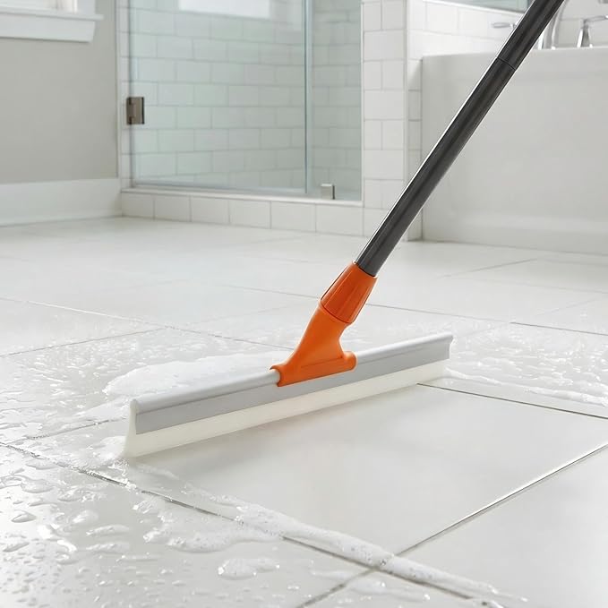 Silicone Floor Squeegee for Shower Glass, Floor, and Garage - Heavy-Duty Pet Hair Remover, Bathroom Tile Cleaner, Window Wiper - Flexible, No Streaks, Compact Storage