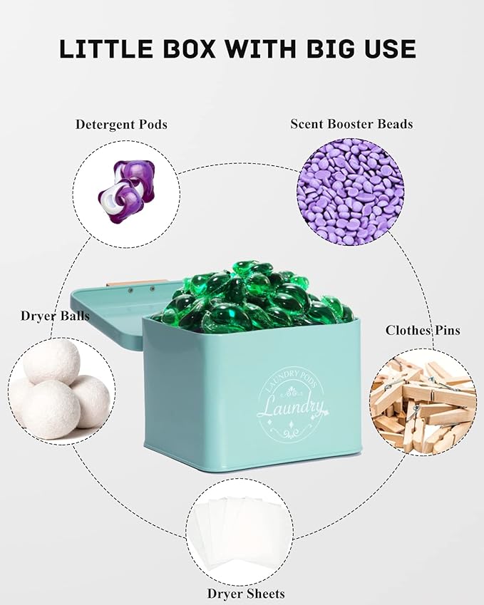 SACREDAY Laundry Pods Holder with Hinged Lid, Farmhouse Space-Saving Metal Container for Laundry Room Decor Organization and Storage, Detergent Dispenser for Efficient Laundry Room Use (Green)