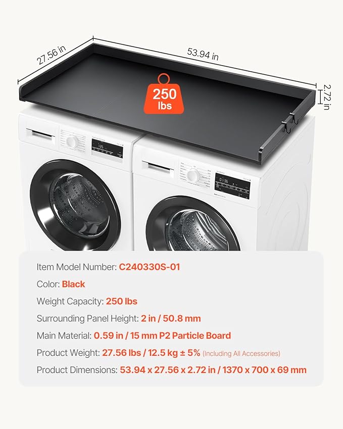 VEVOR Washer Dryer Countertop with 3 Splicing Panels, 54" x 27" Wooden Washer and Dryer Countertop with Non-Slip Pads, Water-Resistant Laundry Topper for Laundry Room Organization and Storage, Black