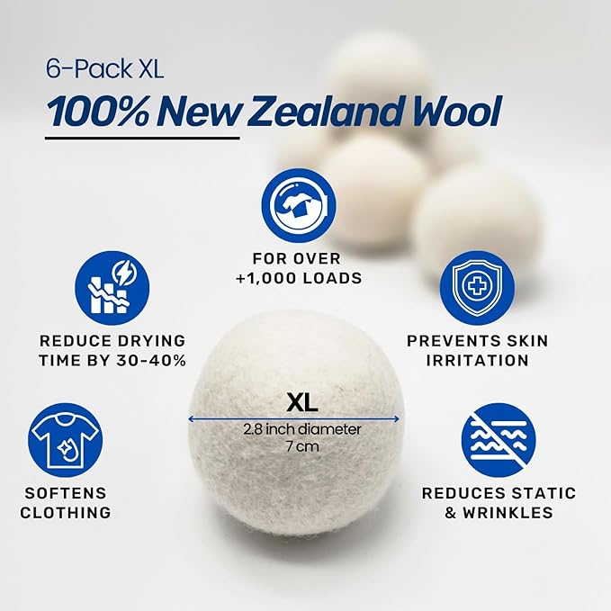 6 XL Wool Dryer Balls & Magnetic Dryer Ball Holder - Natural Fabric Softener, Reusable, Reduces Clothing Wrinkles and Saves Drying Time - Dryer Ball Container for Laundry Room Storage (XXL Size)