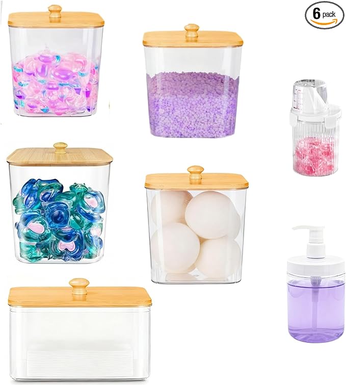 4+2-Piece Laundry Storage Set: Includes a clear laundry pod storage box and a liquid detergent dispenser. Perfect for fabric softener, powdered detergent, and more. A thoughtful gift for Momfor moms.
