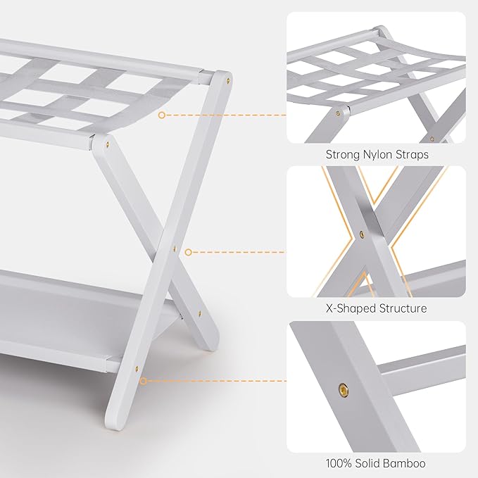 HITNET White Luggage Rack, Set of 2, Folding Suitcase Stand with Storage Shelf, Bamboo Luggage Holder with 5 Nylon Straps for Guest Room Bedroom Hotel