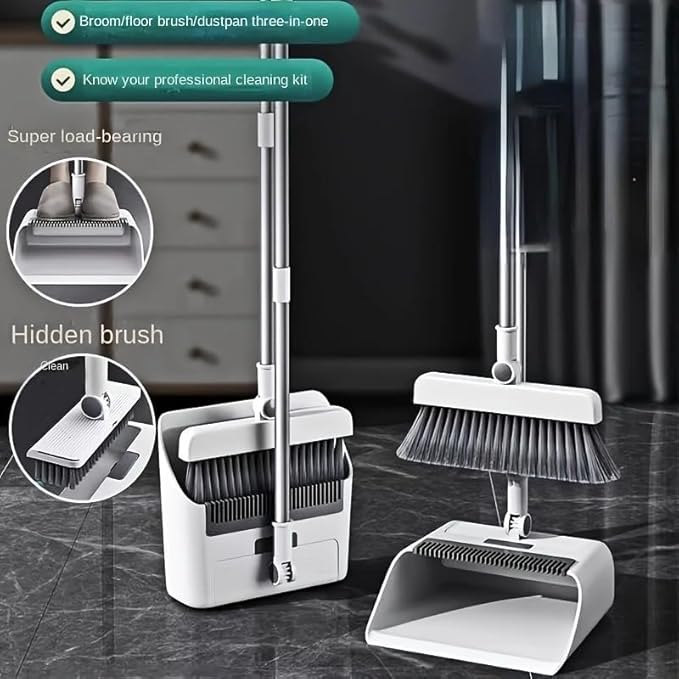 3 in 1 Broom and Dustpan Set with Adjustable Push Broom with 48.8“ Long Handle for Floor Sweeping Outdoor Indoor Sweeping Combo for Home & Kitchen (White)