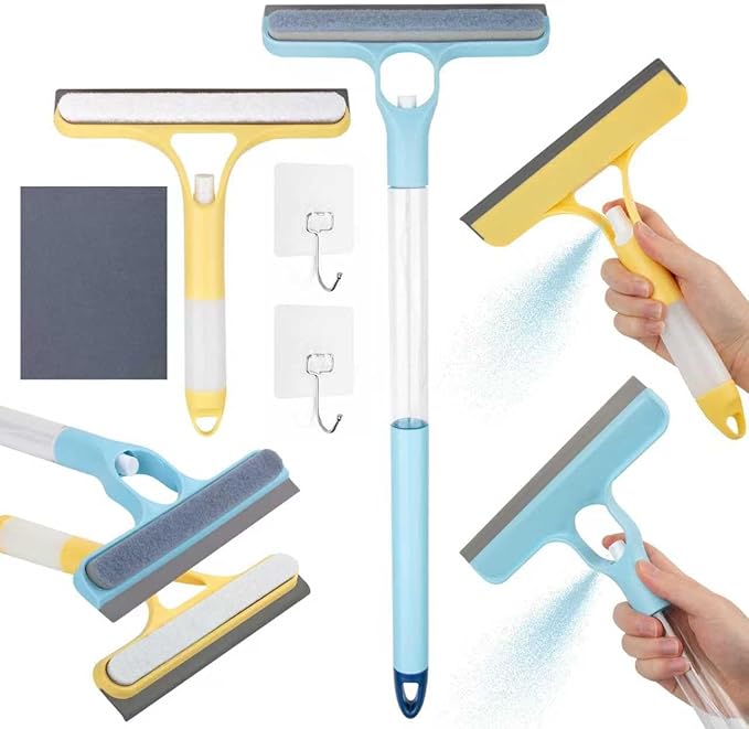 3 in 1 Window Cleaning Scraper, Spray Squeegee, Mirror Cleaner Tool, 3 in 1 Squeegee for Shower Glass, Squeegee with Sprayer, Shower Squeege, Squeegee and Scrubber with Spray, for Mirrors, Bathroom