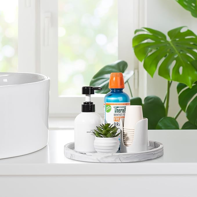 Silicone Bathroom Tray Round Vanity Tray Decorative Soap Holder Kitchen Countertop Organizer Coffee Table Decor for Candle, Perfume, Plant, 10 Inch, Marble Grey