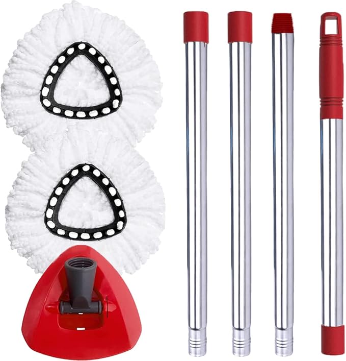 Spin Mop Head, Base, Handle Replacement for O-Ceda EasyWring Microfiber Spin Mops, 2 Microfiber Mop Refills, 1 Triangle Head Cover and 30-58in Handle Set Combo (White(1 Tank System))