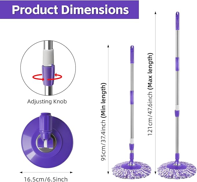 Spin Mop Replacement Handle, 47.6-inch 360 Degrees Rotating Telescopic Replacement Mop Stick with a Robust Stainless Steel Disc for Spin Mop Bucket Cleaning System (Stainless Steel Disc,Purple)