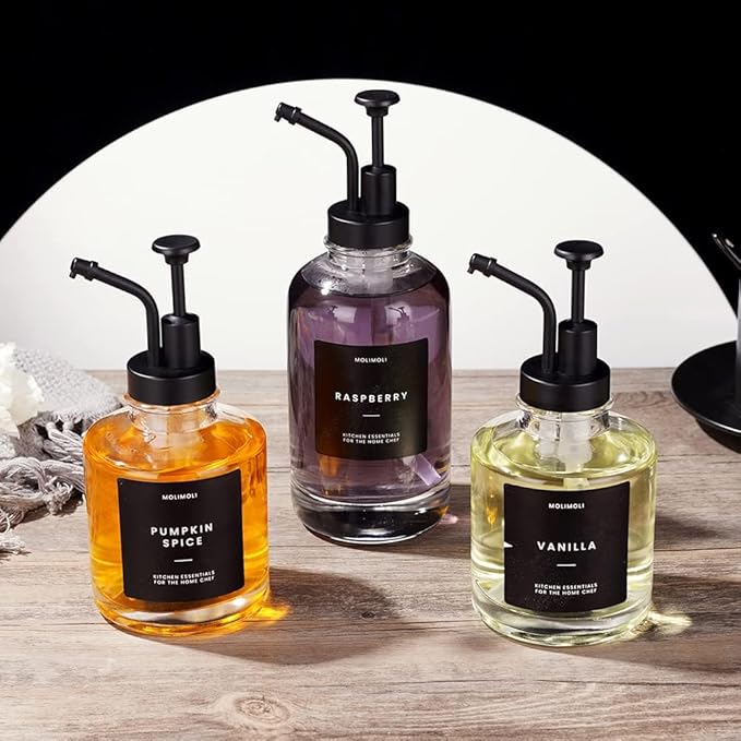 Molimoli Coffee Syrup Dispenser for Coffee Bar, Pump Dispenser, Glass Syrup Bottle w. Upgraded Pump, 16.9 oz 500 ml, Set of 2, Black