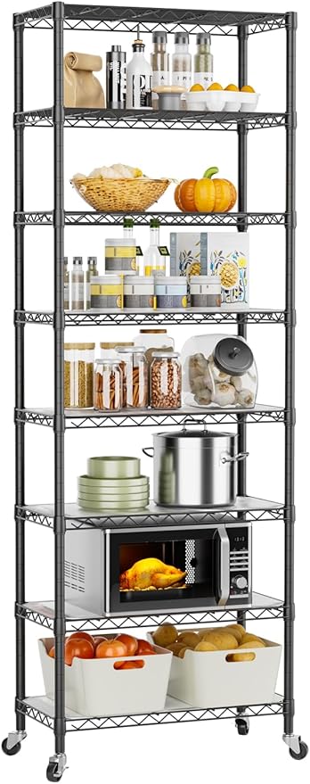Golpart 8 Tier Shelves Storage Shelf Wire Closet Bathroom Organizers Metal Pantry Kitchen Garage Shelving Unit Laundry Room Organization Home Rack Net Basket Black with Wheels 12”D X 22”W X 74.2”H