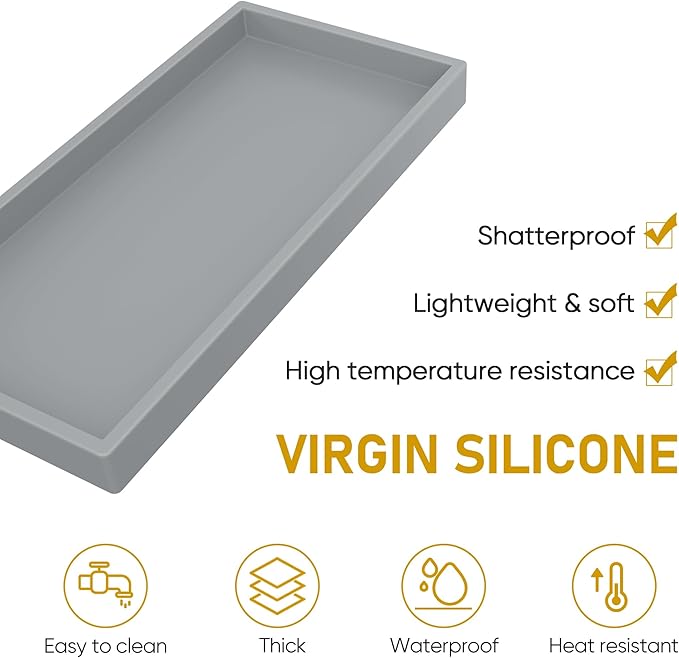 EG-SIPRO Bathroom Counter Tray, Silicone, Rectangular, Gray, Thick, Shatterproof, Soap Dispenser Tray, 10.6'x5.1' or 7.8'x3.9'