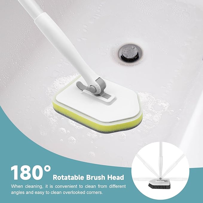 nacena Shower Scrubber with Long Handle, 4 in 1 Tile Tub Scrubber Brush with 3 Detachable Cleaning Shower Heads and Floor Squeegee Shower Cleaner Brush for Bathroom Kitchen Tub Sink Floor, Grey White