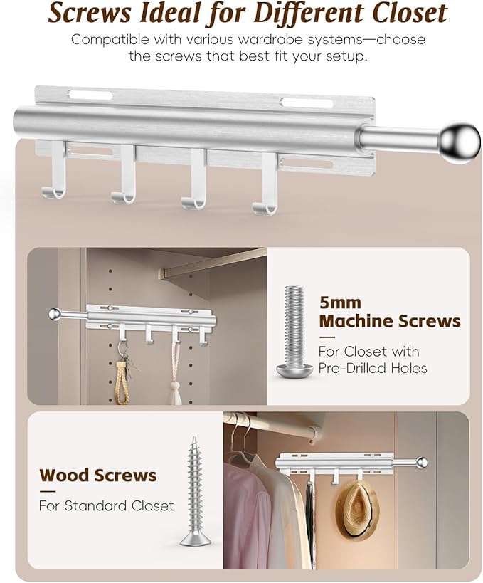 Supforce Valet Rod for Closets, 12" Valet Rod With 4 Hooks, Closet Organizer Slide Out Clothing Hanger Rods Extender Perfect for Suits,Dresses,Belt,Tie, Black