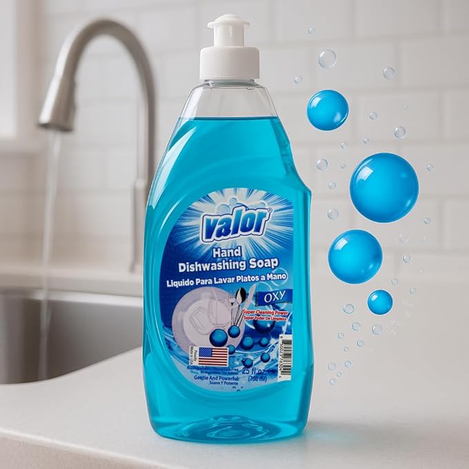 Valor Dishwashing Liquid, 25 fl oz – Dish Soap for Kitchen & Bathroom, Grease-Fighting, Gentle on Hands, Fast Rinse, Eco-Friendly Biodegradable Formula (25 fl oz (Pack of 1), Oxy Power)