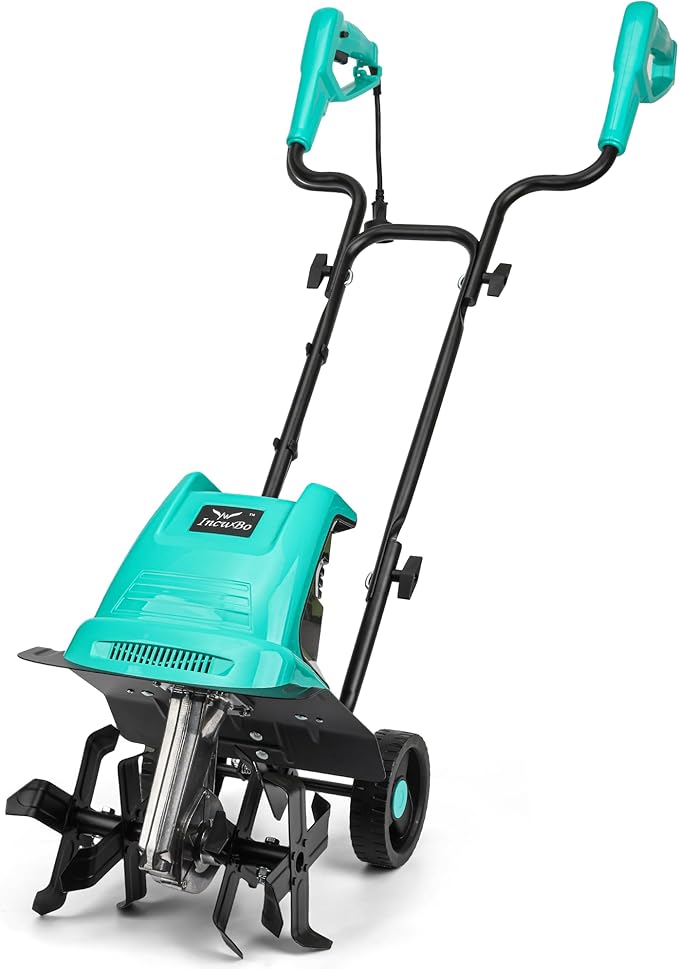 13.5 Amp 12 Inch Electric Tiller/Cultivator with 4 Steel Tines, 8'' Tilling Depth Small Garden Tiller for Gardening, Corded Rototiller with Adjustable Wheels