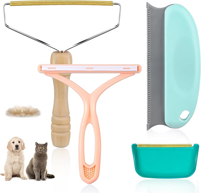 Pet Hair Remover - 4 Pack Dog Cat Hair Remover for Couch Furnitures, Reusable Lint Remover Shaver Portable Carpet Rake Scraper Brush for Blanket,Clothing, Pet Towers, Car Upholstery Green