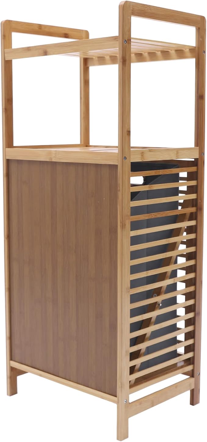 LOYALHEARTDY 37.4'' Tilt Out Laundry Hamper, 2-Tier Bamboo Laundry Hamper Cabinet Floor Stand Bathroom Storage Shelf Cabinet Clothes Organizer Laundry Shelf for Laundry Room Bathroom Bedroom