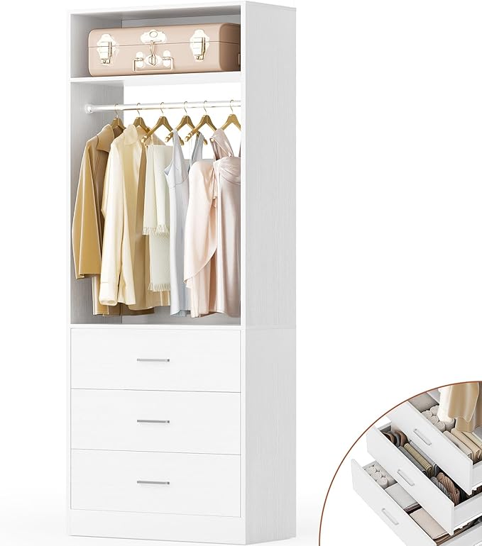 Besiost Freestanding 2FT Closet System with 3 Wood Drawers, 24" Closet Organizer System with Hanging Rod & Shelves, Walk-in Closet Systems for Small Closets, White (24"L x 15" W x 80" H)
