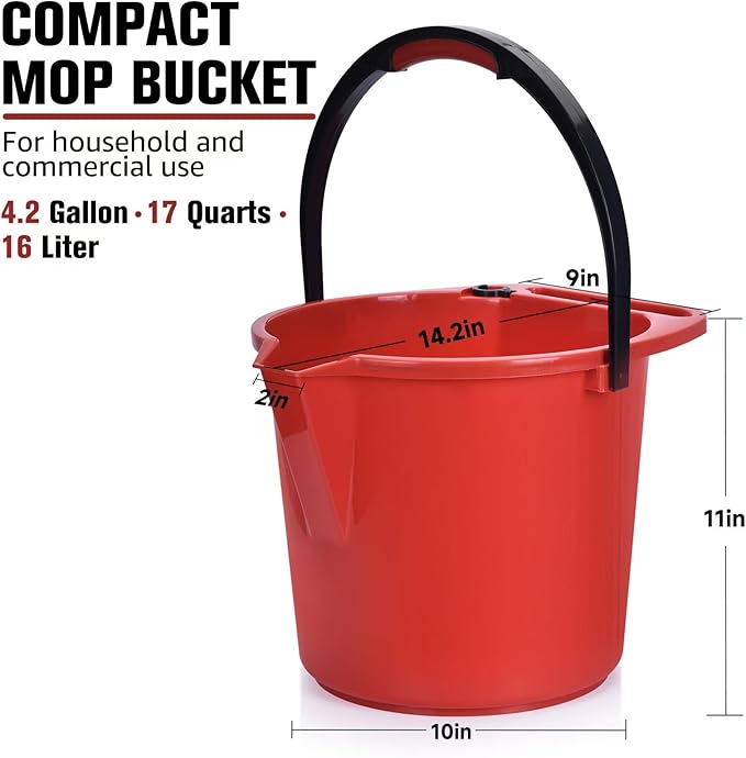 Matthew Cleaning 4.2 Gallon Mop Bucket, Heavy Duty Plastic Cleaning Bucket with Built-in Pour Spout, Mop Holder and Comfort Grip Handle, House and Commercial Cleaning Supplies, Case Pack 12 Pcs Red
