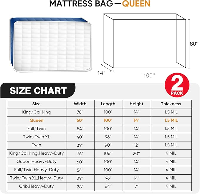 2 PK Queen Mattress Bags for Moving Storage,Mattress Bag for Disposal, Mattress Storage Bag Queen Mattress Cover for Moving