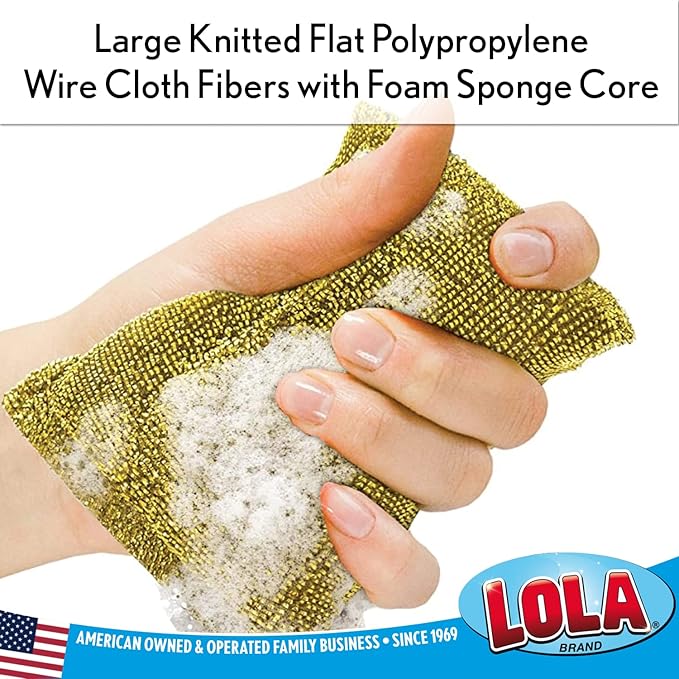 LOLA Wonder Non-Scratch Scouring Pad, Large Knitted Flat Wire Cloth Fibers w/Foam Sponge Core, Assorted Colors (Gold or Silver), 1 Pack