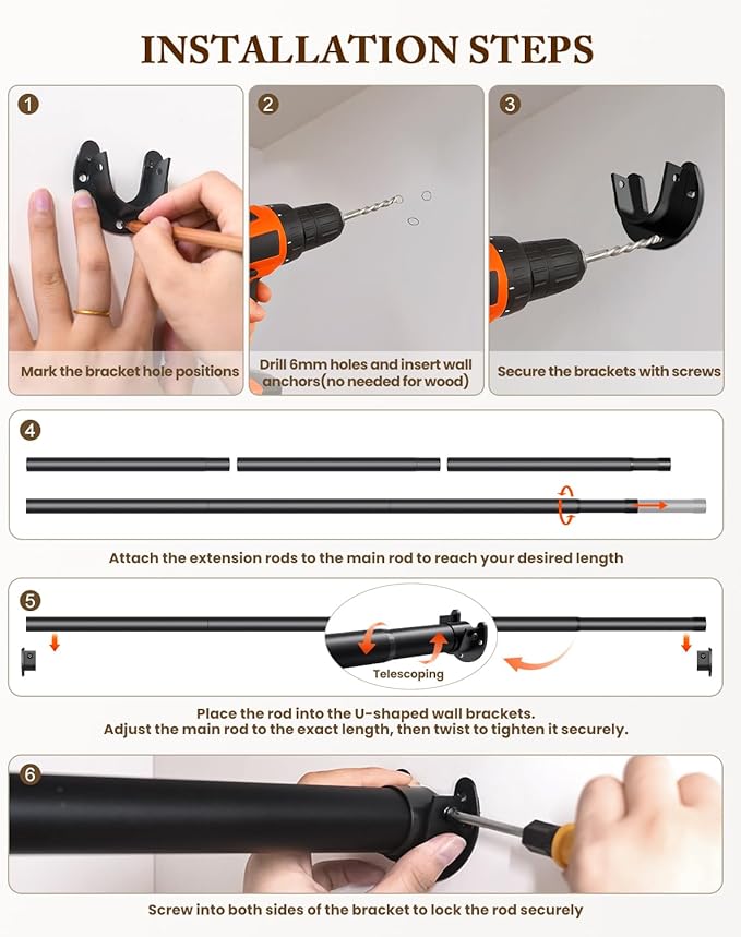 Closet Rod 17-84 IN, Heavy Duty Closet Rods for Hanging Clothes, Adjustable Closet Rods for Wardrobes Storage Laundry RV Bathroom, Easy Install, Black