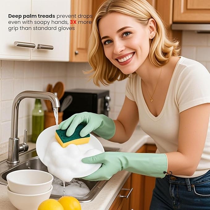 Dishwashing Gloves for Kitchen, 4 Pairs Rubber Cleaning Household Dish Washing Latex Glove with Hanging Hook (Black+Blue+Green+Grey, Large)