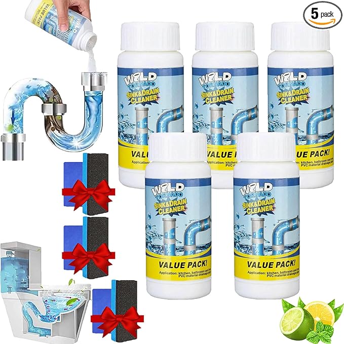 Wild Tornado Sink and Drain Cleaner, Wild Drain and Pipe Cleaner, World Tornado Sink DrainCleaner, Powerful Pipe Dredging Agent for Kitchen & Bathroom (5PCS)