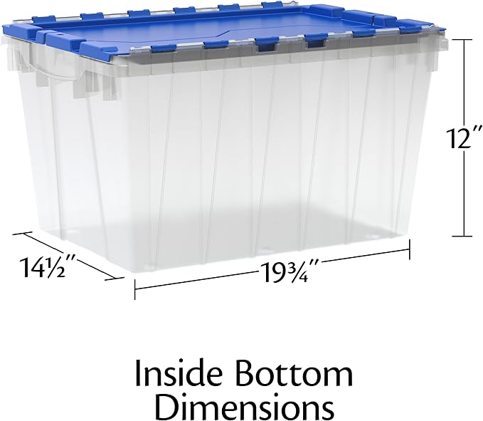 Akro-Mils KeepBox 12 Gallon Storage Container, Nesting and Stackable Plastic Storage Box with Lid Attached, Clear Tote for Garages, Closets, and Moving, 21-1/2" x 15" x 12-1/2", Clear/Blue, 6-Pack