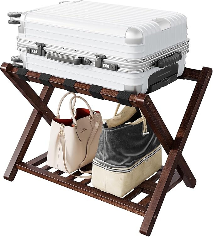 HOOBRO Luggage Rack, Bamboo Suitcase Stand, Folding Luggage Holder, Nylon Strap Support Top, for Guest Room, Hotel, Bedroom, Closet, Dark Brown BR18XL01