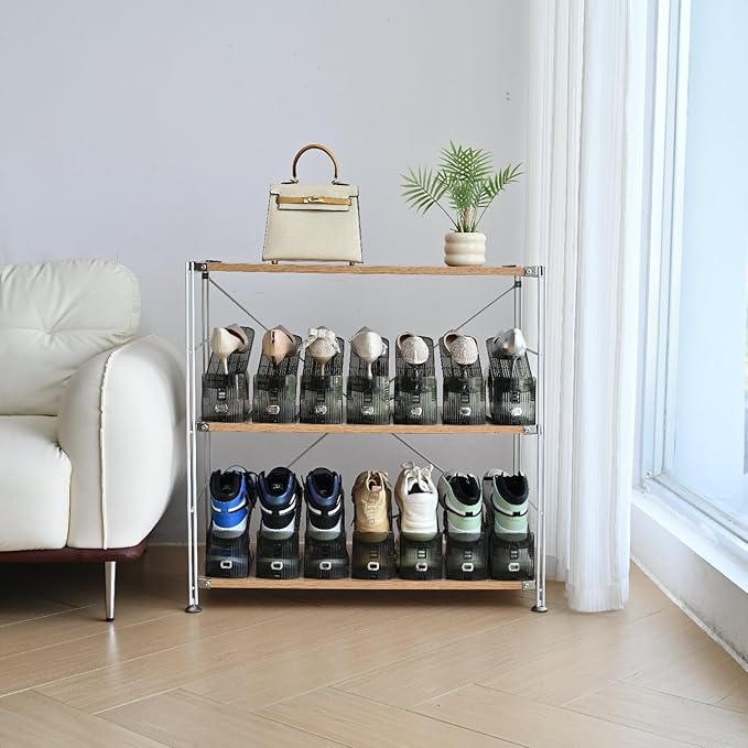 Shoe Slots Organizer, Clear Shoe Stacker, Adjustable Level Shoe Rack,Storage Space Saver for Sneakers Display (Grey Transparent, 2Pack)