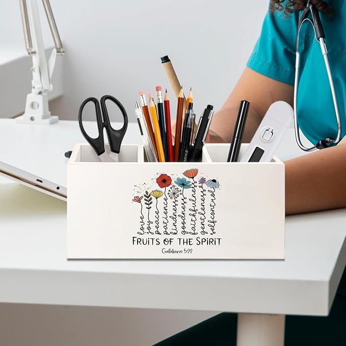 Fruit of the Spirit Christian Wooden Utensils Holder, Wildflower Galatians 5:22 Bible Verse Wood Cooking Utensil Holder Organizer for Kitchen Countertop Counter Decor