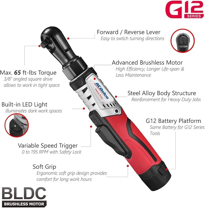 ACDelco G12 Series 2-Tool Combo Kit- 1/4" & 3/8" Brushless Ratchet Wrench, ARW12103-K8