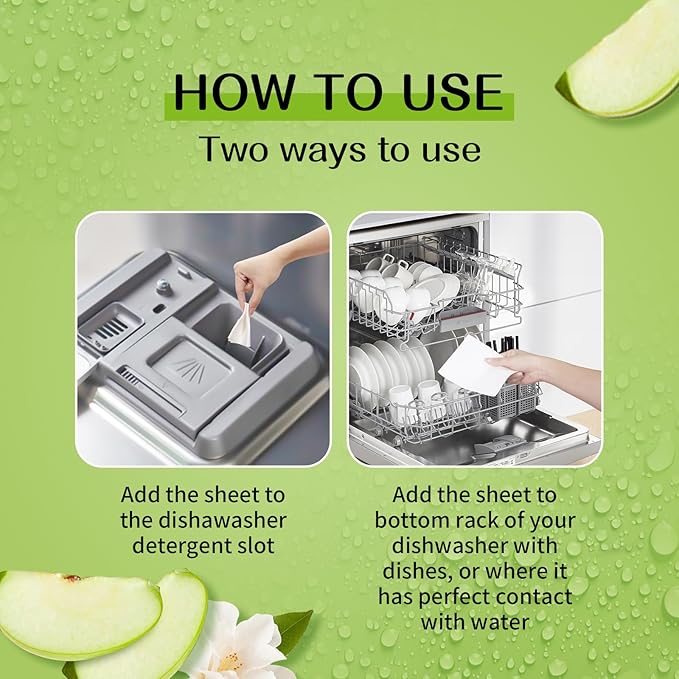 YUCO Dishwasher Detergent Sheets 100 Loads Liquid-Free Dish Soap Cleaner Strips Eco-Friendly No Plastic Dishwasher Pods Detergent Use in Dishwasher or Sink Leaving Dishes Sparkling Clean (Apple)