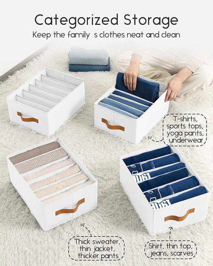 Homsorout Closet Organizers and Storage - Fabric Clothes Organizer with Handles, Foldable Jeans Organizer for Clothes, Drawer Organizer for Shirts, Bra, Sweater, Scarf, 4 Pack, White