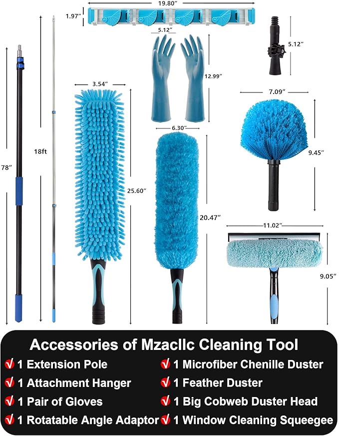 25 Foot High Reach Ceiling Fan Duster with 7-18ft Heavy Duty Extension Pole, Microfiber Feather, Cobweb Duster, Window Squeegee Kit, Cleaning Gloves