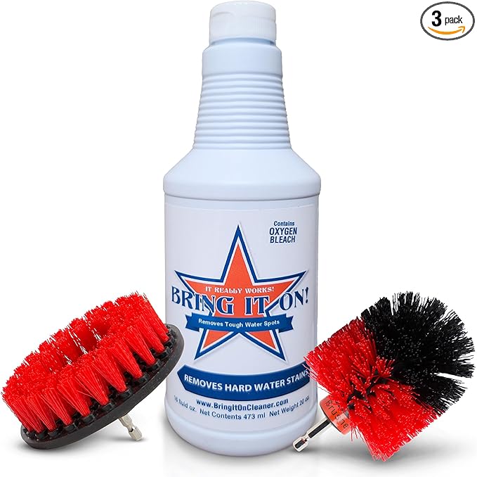 Bring It On Cleaner Hard Water Stain Remover + Grout Brush Cleaner Drill Brush Set, Shower Door, Tile Floor Cleaner, Great Baseboard Cleaner Tool Attachment 16 Fl Oz