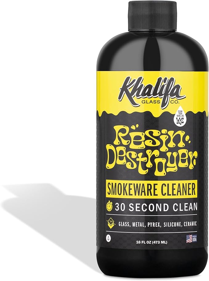 Khalifa Resin Destroyer Cleaning Solution One 16 Fl Oz Bottle - Clean & Deodorize Glass, Ceramic, Silicone & Metal - Restore Your Pieces to Perfection - Destroy Resin, Wax, Oil & Stinky Debris