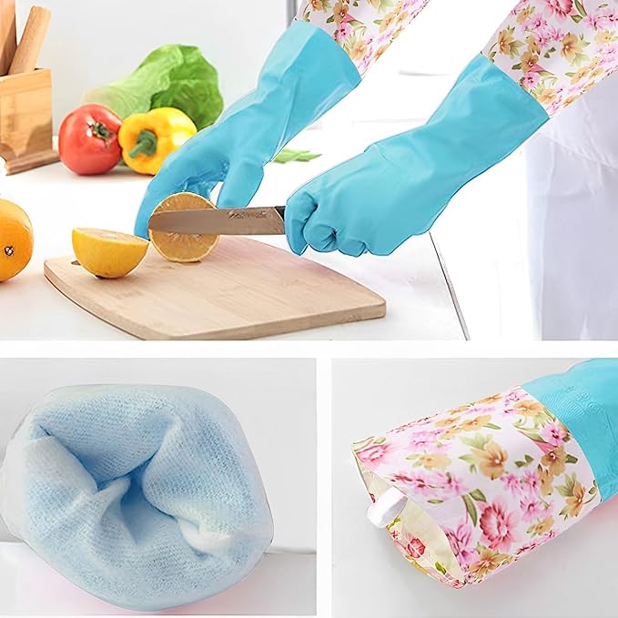 KINGFINGER Dishwashing Cleaning Gloves, 2 Pairs Reusable Rubber Gloves PVC Latex-Free Waterproof Long Cuff and Flock Lining Household Cleaning Glove(Blue + Purple)