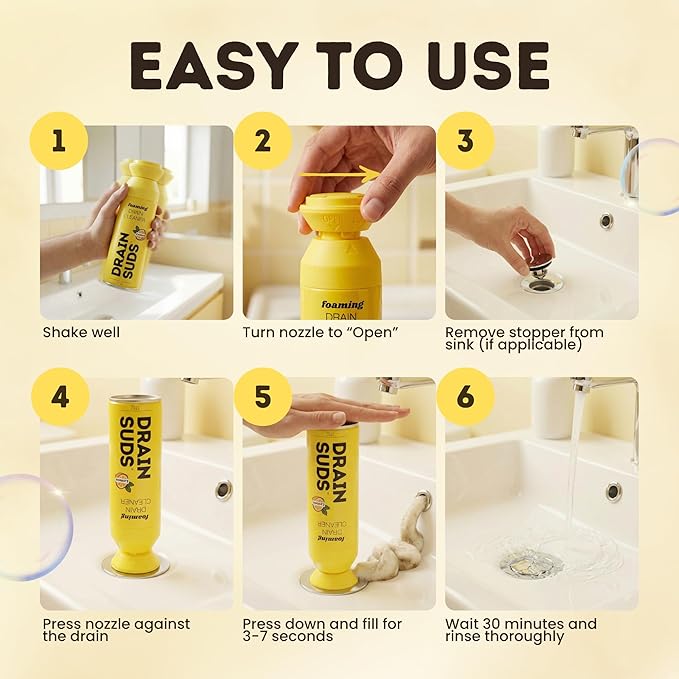 Foaming Drain Cleaner, Sink Cleaner and Deodorizer, Drain Clog Remover for Kitchen Sinks, Bathrooms, Shower Drains, Tubs, Washbasin, Clogged Pipe Opener, Lemon, 1 Pack