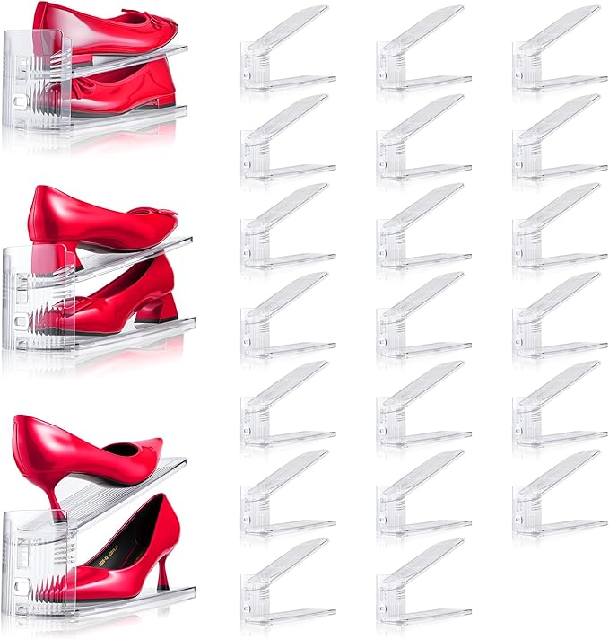20PACK Shoe Slots Organizer for Closet,Adjustable Shoe Rack Holder Shoe Space Savers Double Layer Stack Shoe Racks for Closet Organization(Transparent)